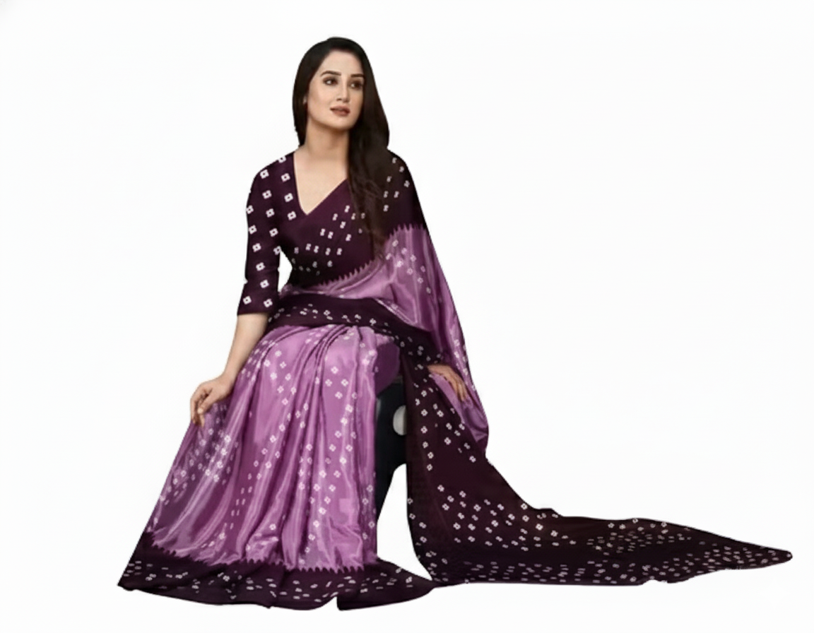Dual-Tone Purple Chiffon Bandhej Saree Saree Fabric: Chiffon Blouse: Running Blouse Blouse Fabric: Chiffon Pattern: Printed Blouse Pattern: Same as Border Net Quantity (N): Single Dual-Tone Purple Chiffon Bandhej Saree