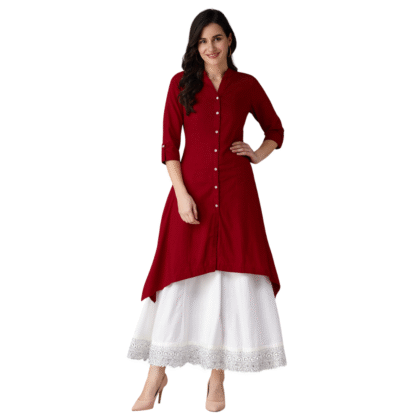 Maroon Cotton Assymetrical Long Kurti with White Lace Palazzo