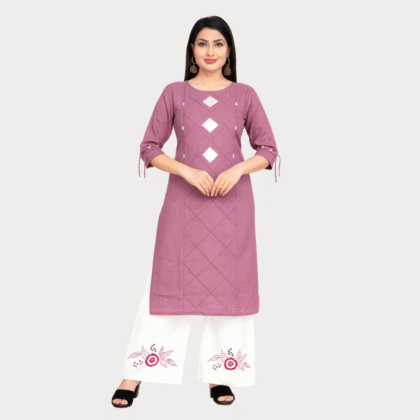 Mauve Cotton Geometric Kurta Set with White Palazzo