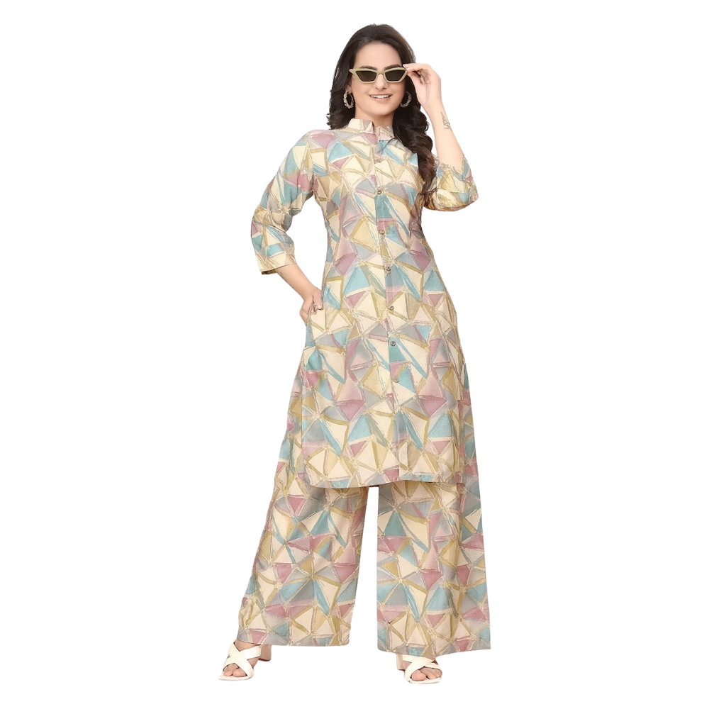 Multi-Color Geometric Print Cotton Blend Kurta and Palazzo Set