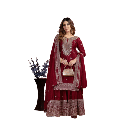 Maroon Chiffon Mirror Work Sharara Suit Set