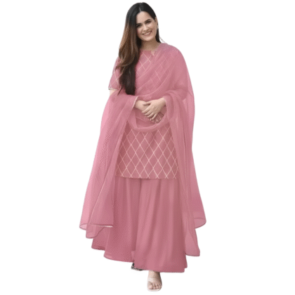 Rose Pink Cotton Blend Short Kurti with Flared Sharara