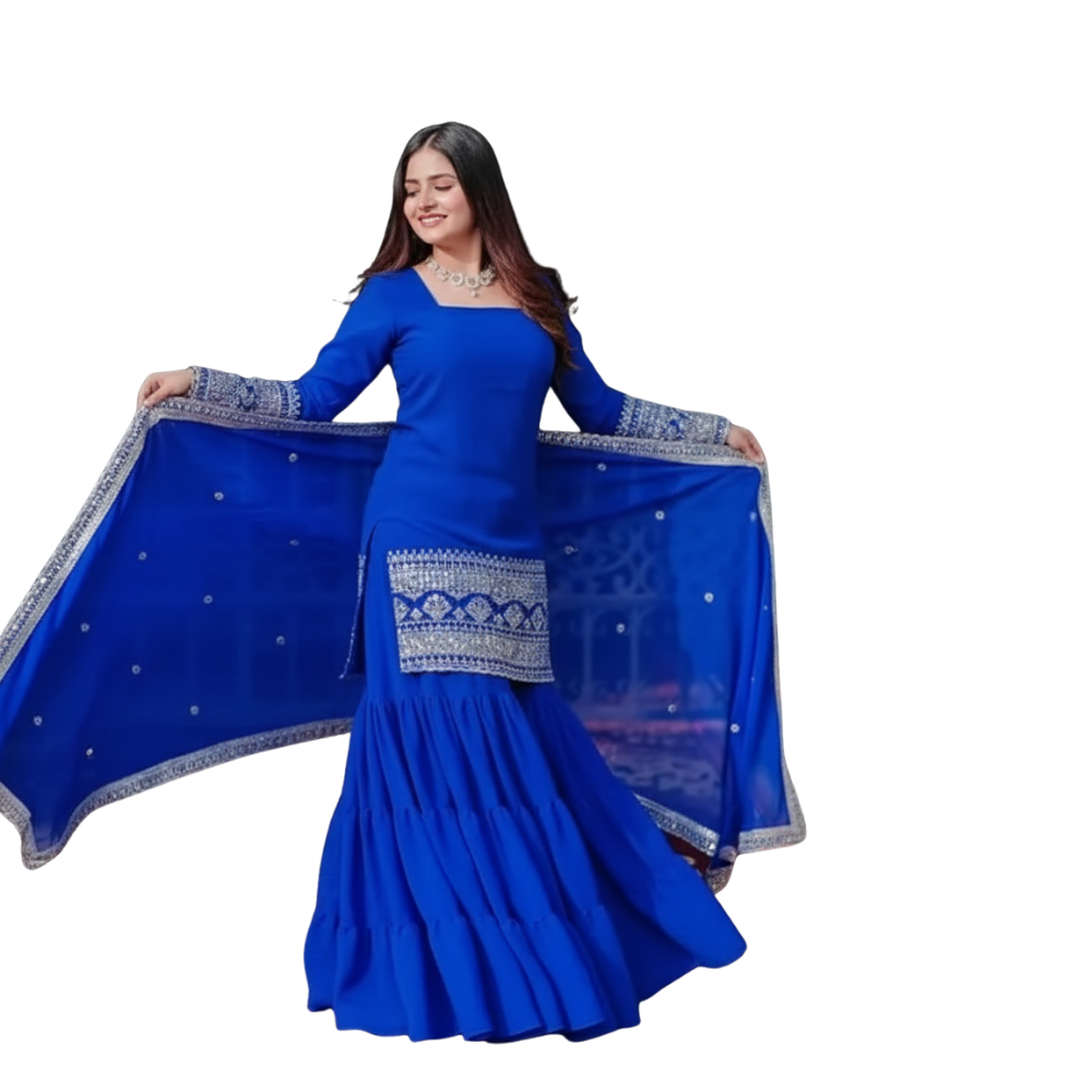 Royal Blue Georgette Sharara Suit Set with Sequin Work