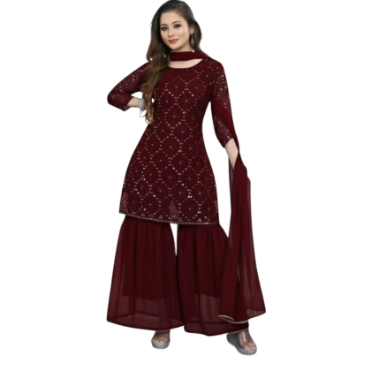 Maroon Georgette Sharara Suit Set with Sequin Work