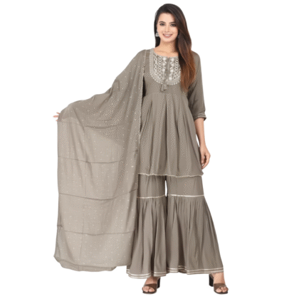 Taupe Rayon Sharara Suit Set with Embroidered Yoke and Dupatta