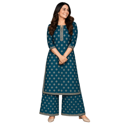 Dark Blue Rayon Geometric Print Kurta and Palazzo Suit