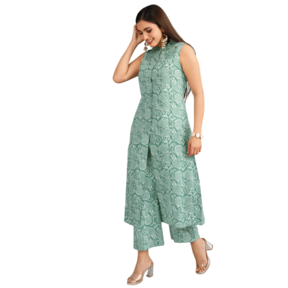 Aqua Rayon Floral Print Sleeveless Kurta and Palazzo Suit