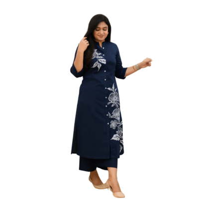 Navy Blue Rayon Kurta and Palazzo Set with White Floral Embroidery