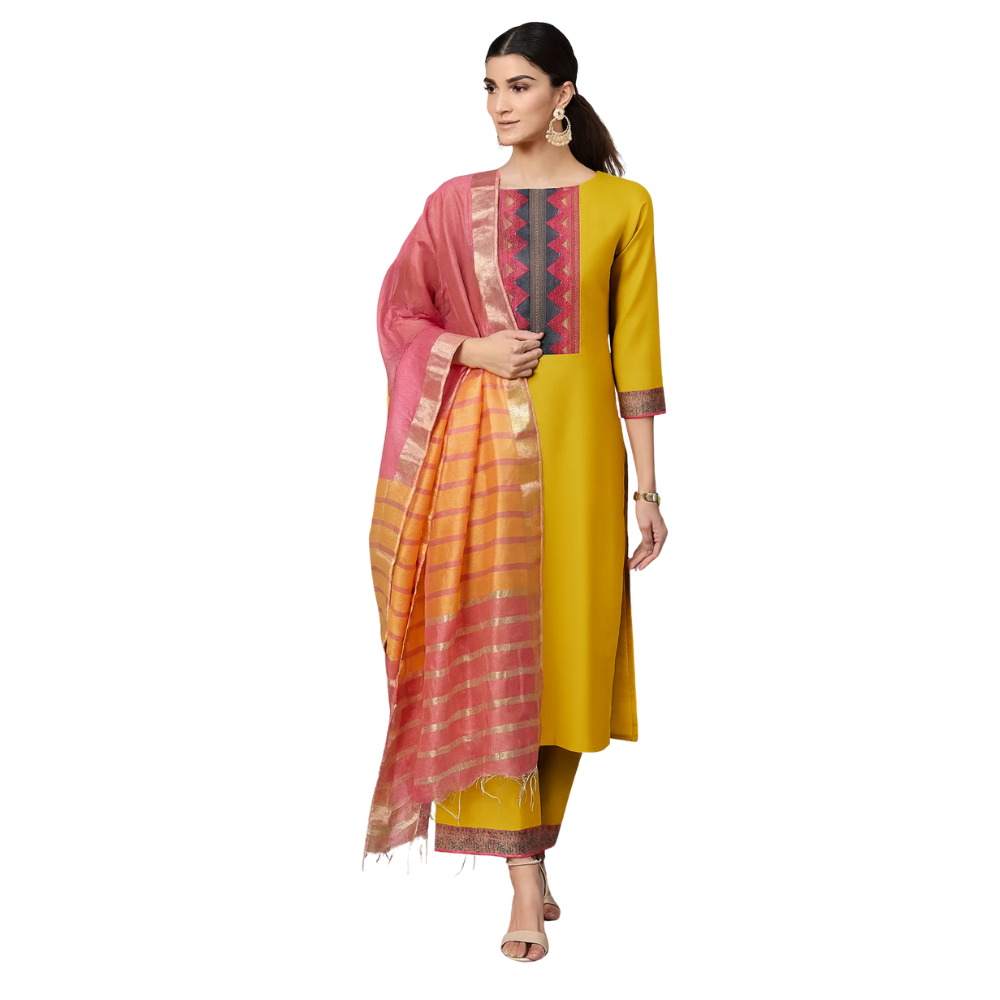 Mustard Cotton Kurta and Palazzo Set with Striped Dupatta