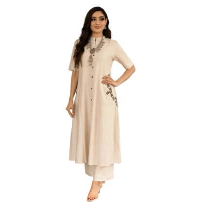 Off-White Cotton Striped A-Line Kurta and Palazzo Set