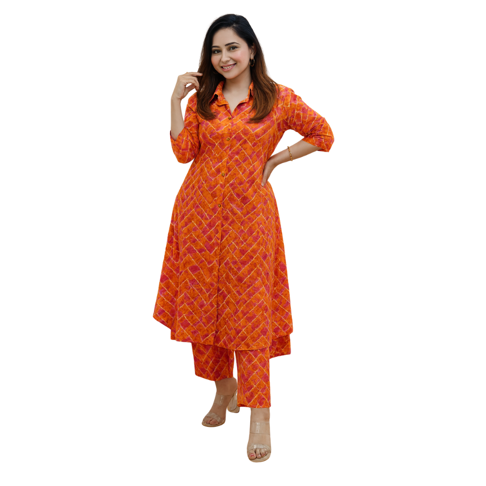 Orange Cotton Blend Geometric Print Flared Kurta and Palazzo Set