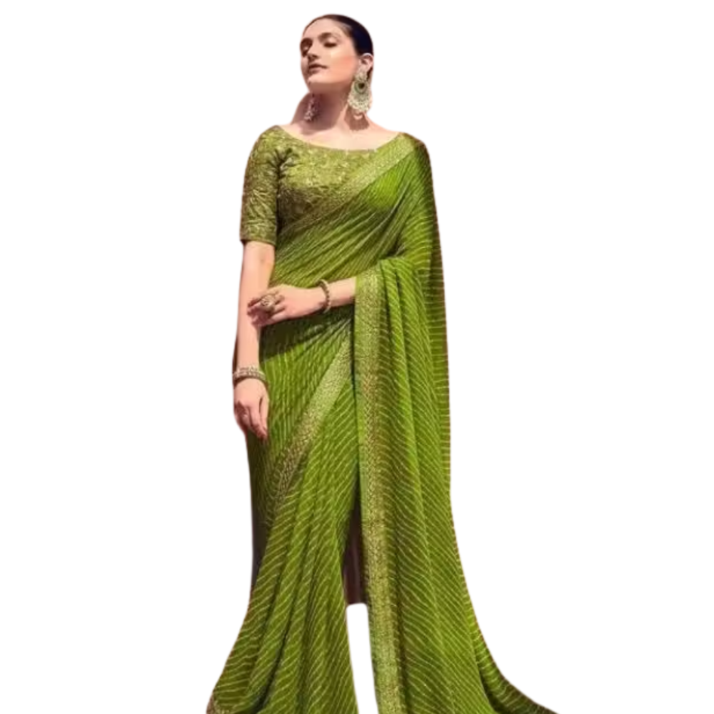 Lime Green Georgette Saree with Zari Stripes