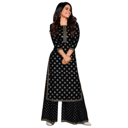 Black Rayon Kurti and Palazzo Set with Gold Foil Print